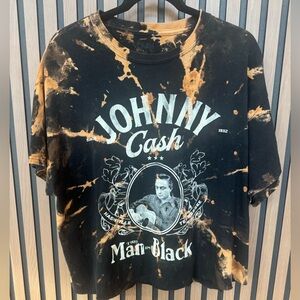Johnny Cash The Man in Black Upcycled Boxy T-Shirt Raw Hem Bleach Dyed‎ Size XL